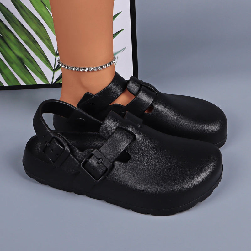 Women Designer Shoes Platform Heels Adjustable Buckle Waterproof Lightweight Chef Shoes Black Mule Clogs Casual Comfortable