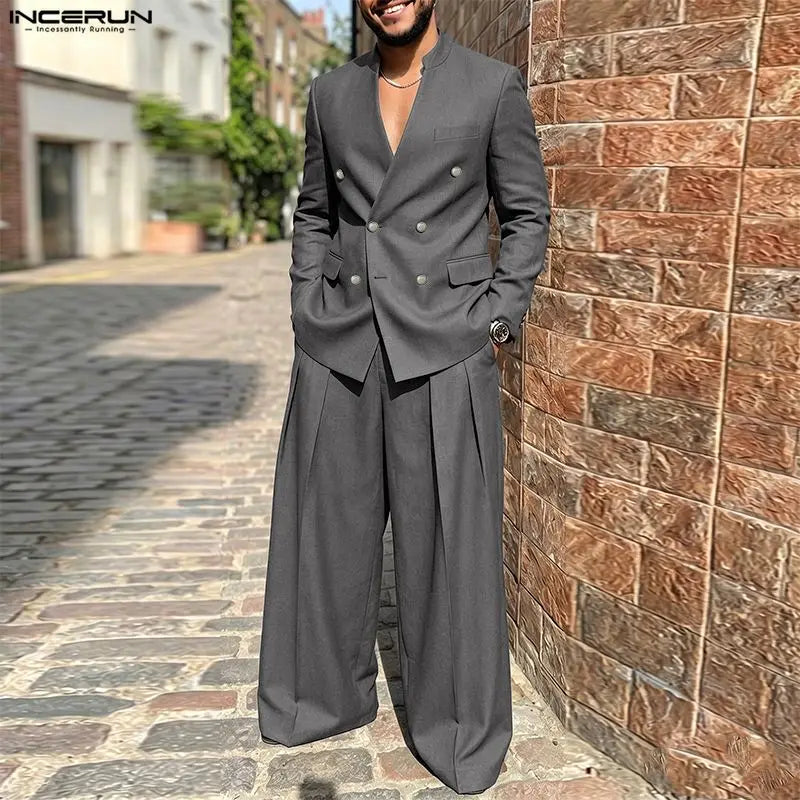 INCERUN Men's Sets Solid Color V Neck Long Sleeve Blazer Pants Two Piece Elegant Streetwear Fashion Matching - View 3 | SAMAG