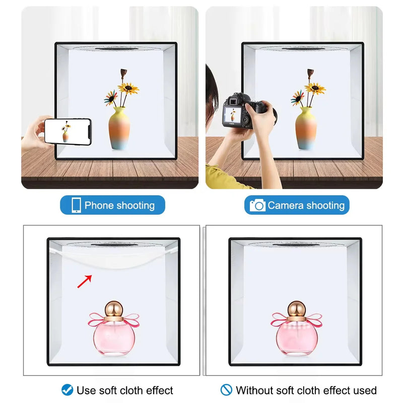 LED Photo Studio Light Box Kit 12"x12" with 120pcs LEDs 6 Backdrops for Photography Portable Dimmable Versatile
