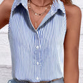 Plus Size Casual Women Blue Striped Sleeveless Shirt - View 5 | SAMAG