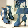 Adult Denim Latin Dance Shoes for Women Mesh Hollow Out Sandals Modern Jazz Boots Soft Sole Indoor Stage  Fish Mouth Ankle Boots