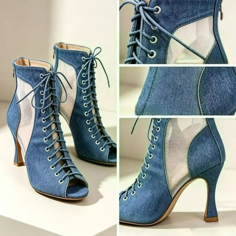 Adult Denim Latin Dance Shoes for Women Mesh Hollow Out Sandals Modern Jazz Boots Soft Sole Indoor Stage  Fish Mouth Ankle Boots