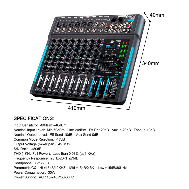 Debra DP-10 10 Channels 99 DSP Audio Mixer DJ Controller Reverb Recording Mixing With Bluetooth 5.0 Professional Performance