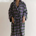 Retro Plaid Cotton Bathrobe Super Soft Absortion Hooded Loose Bath Robe Coat Towel V Neck Warm Sleepwear Robes Women Homewear