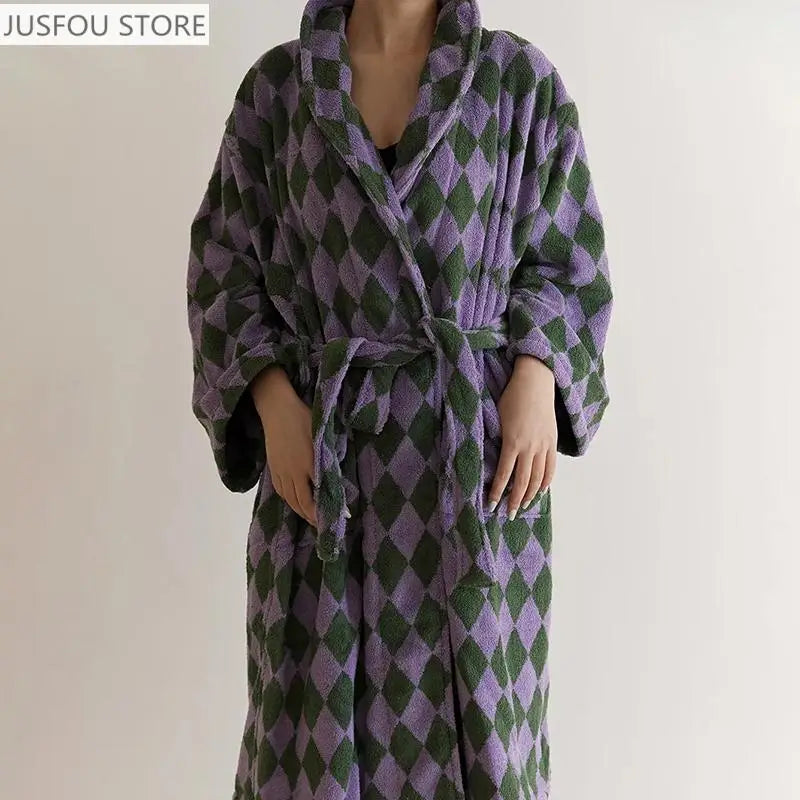 Retro Plaid Cotton Bathrobe Super Soft Absortion Hooded Loose Bath Robe Coat Towel V Neck Warm Sleepwear Robes Women Homewear