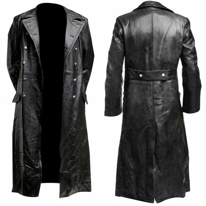 MEN'S GERMAN CLASSIC WW2 MILITARY UNIFORM OFFICER BLACK LEATHER TRENCH COAT mens leather jacket mens jacket