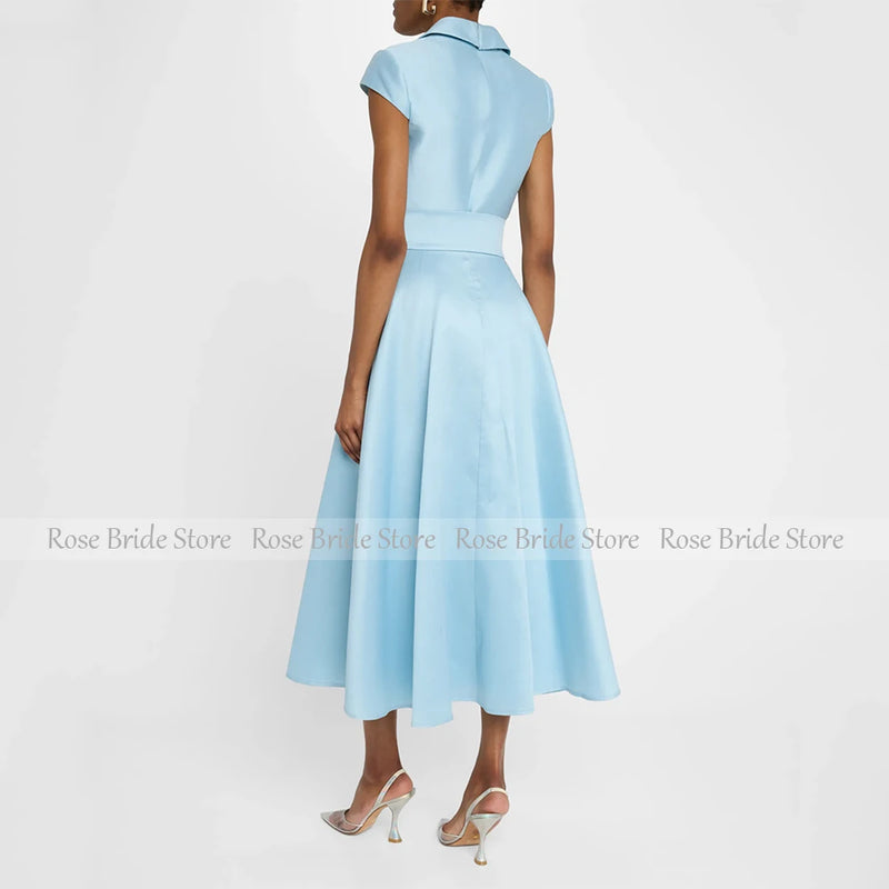 Midi Cocktail Dress Cap Sleeves V Neck A Line Tea Length | SAMAG