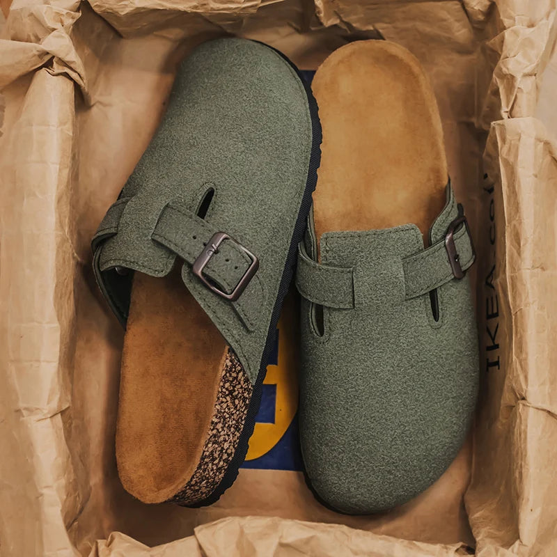 Mens Suede Cork Slippers Clogs Slip-on Leather Sandals Closed Toe Comfort Footbed Slides Slippers Summer Casual Shoes