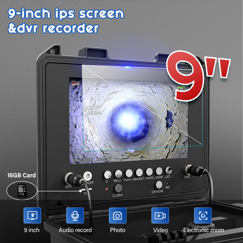 Sewer Pipe Inspection Camera 9“ IPS +Dual-Lens 1080P Sewer Camera +Meter Counter+5/7MM Fiberglass Cable+512HZ Self-leveling