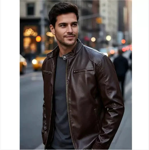 Men's PU leather jacket stand-up collar slim-fit vintage-style biker jacket spring/fall top