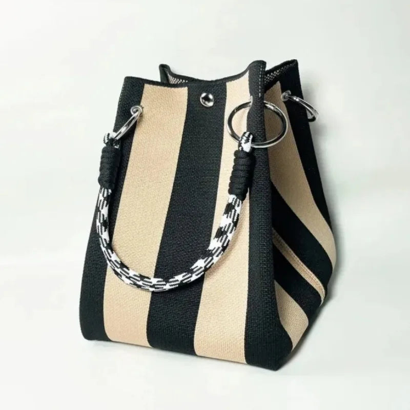 Korean Style Mini Knit Tote Bag Women Striped Crochet Bucket Handbag Lightweight Summer Daily Shoulder Purse For Vacation