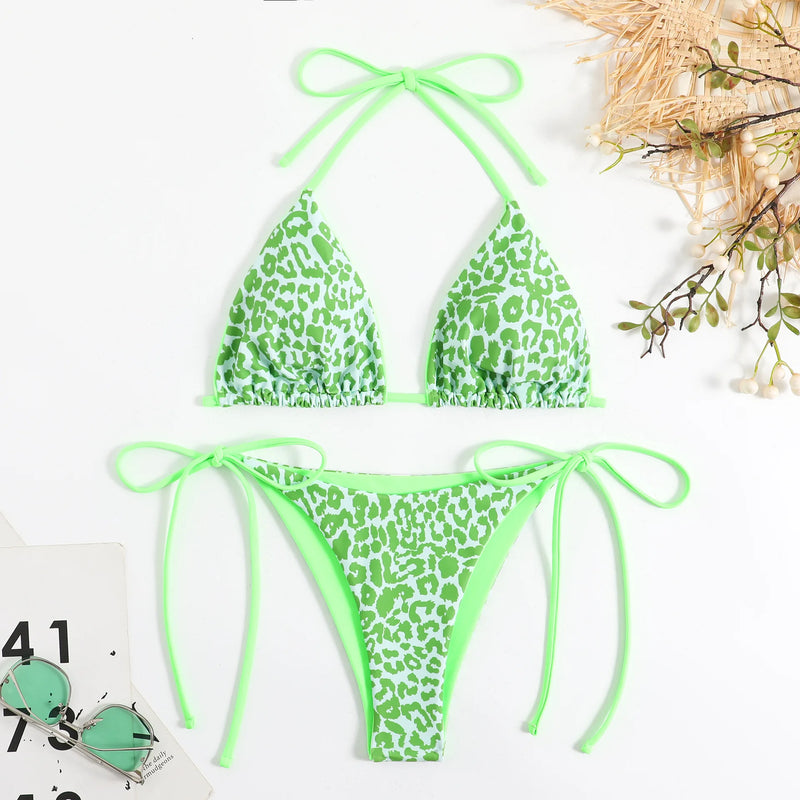 Sexy string leopard print bikinis set swimsuit halter tie | SAMAG