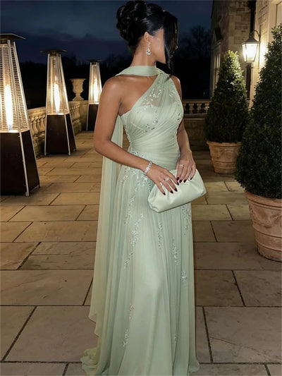 EGS Customized A - line Light Green Floral Embroidery Prom | SAMAG