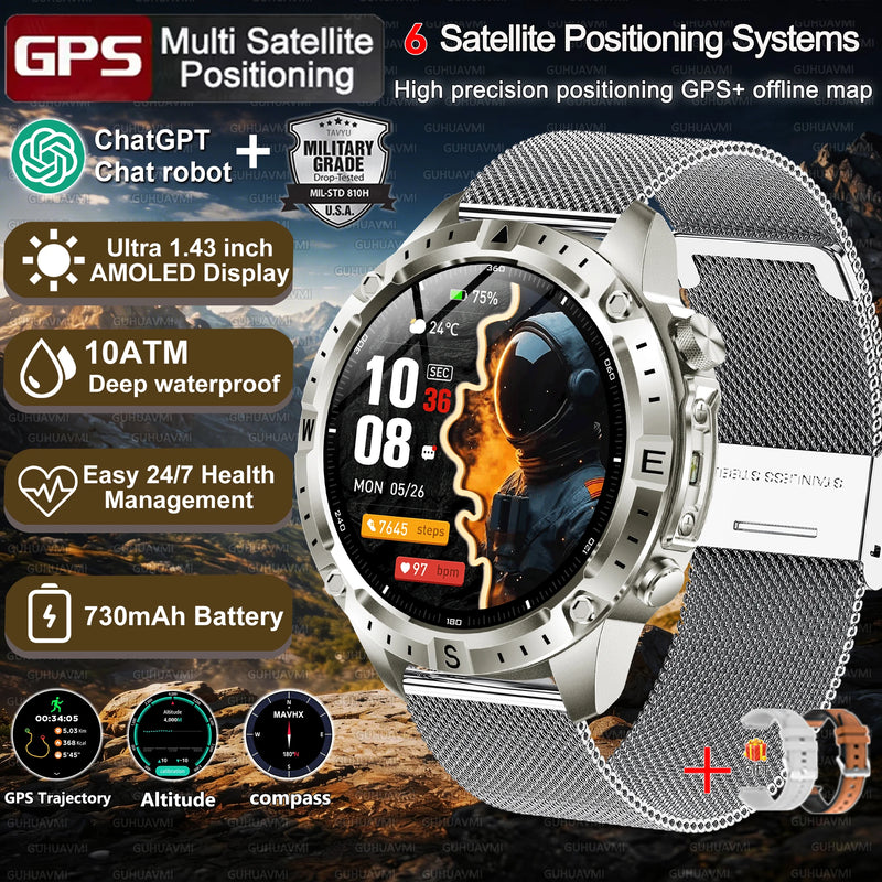 2026New Military Tank GPS SmartWatch Offline Map 10ATM Swim 2GB RAM Music Altitude Compass Bt Call Fitness Sports Smartwatch Men