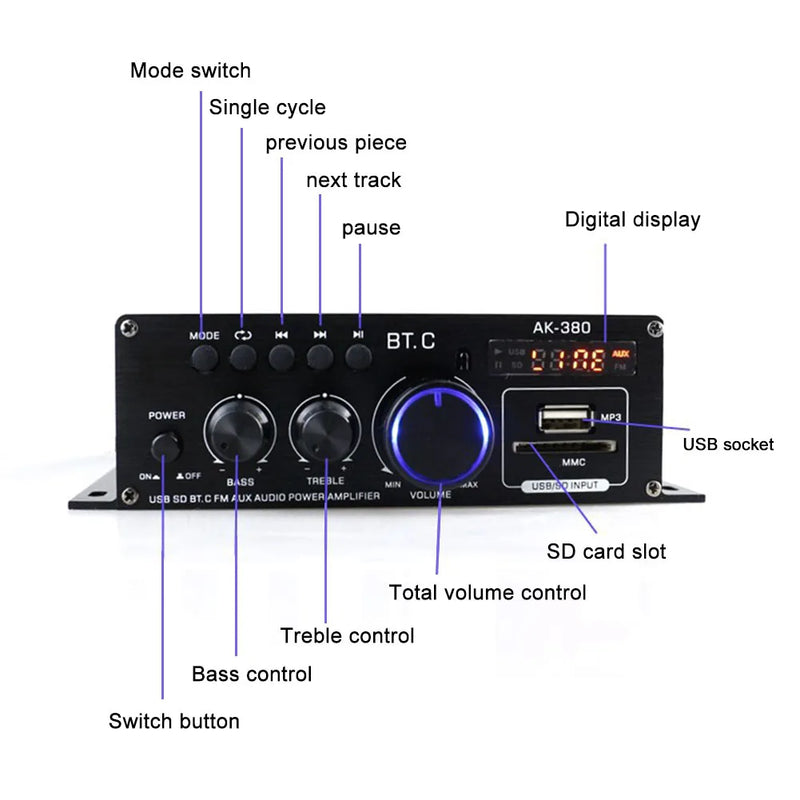 AK380/370/350 800W 12V HiFi Power Amplifier Home Karaoke Car Audio Power Amplifier Stereo BASS Speaker Class D Home Sound Amp