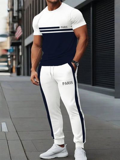 Fashionable men's polyester micro elastic letter print breathable round neck T - shirt pants set summer outdoor | SAMAG