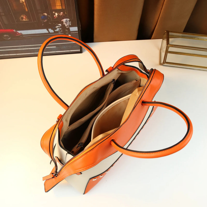 Cross-border contrasting splicing Boston handbag women's fashionable new retro women's large-capacity pillow bag
