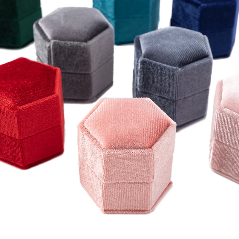 Velvet Hexagon Single Slot Ring Box For Engagement Wedding Keepsake Case Bridal Photo Jewelry Exhibitor Storage Display Selling