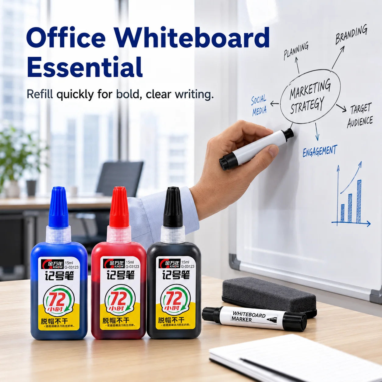 15ml 45mm Oil-Based Marker Refill Ink Cap off Feature Blue Red Black Color up to 72 Hours Durability for Business Supplies