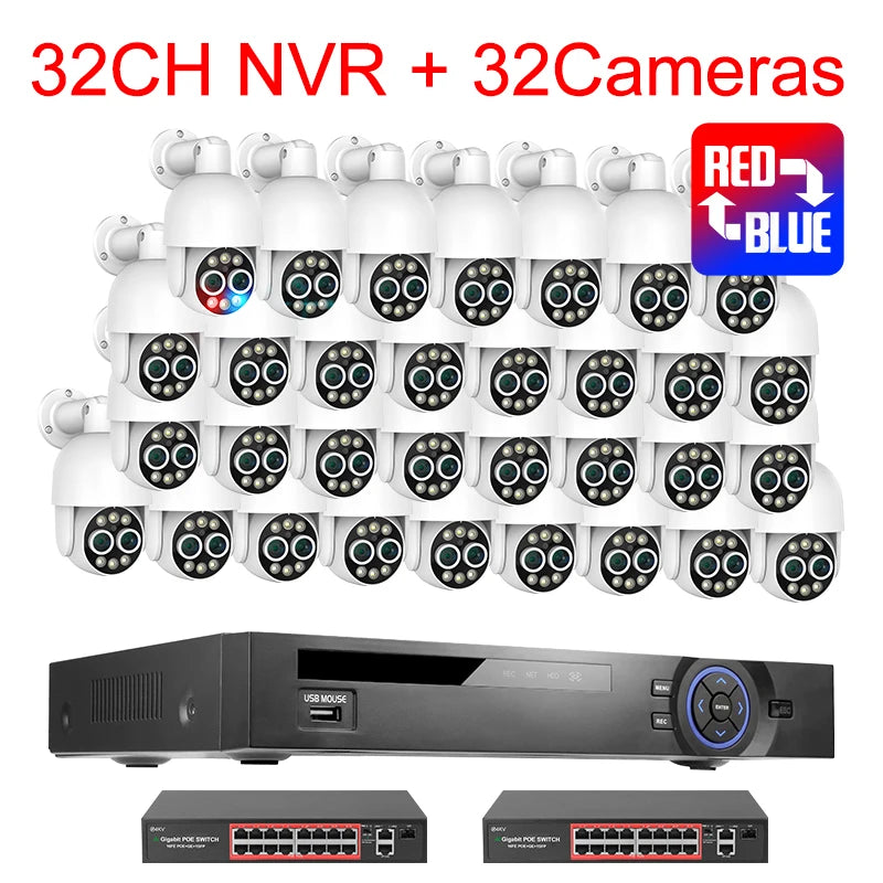 Techage H.265 8MP 36CH Dual Lens POE Camera Kit Humanoid Auto Traking Smart AI 8X Zoom PTZ POE Survillance Kit E-mail Alert P2P
