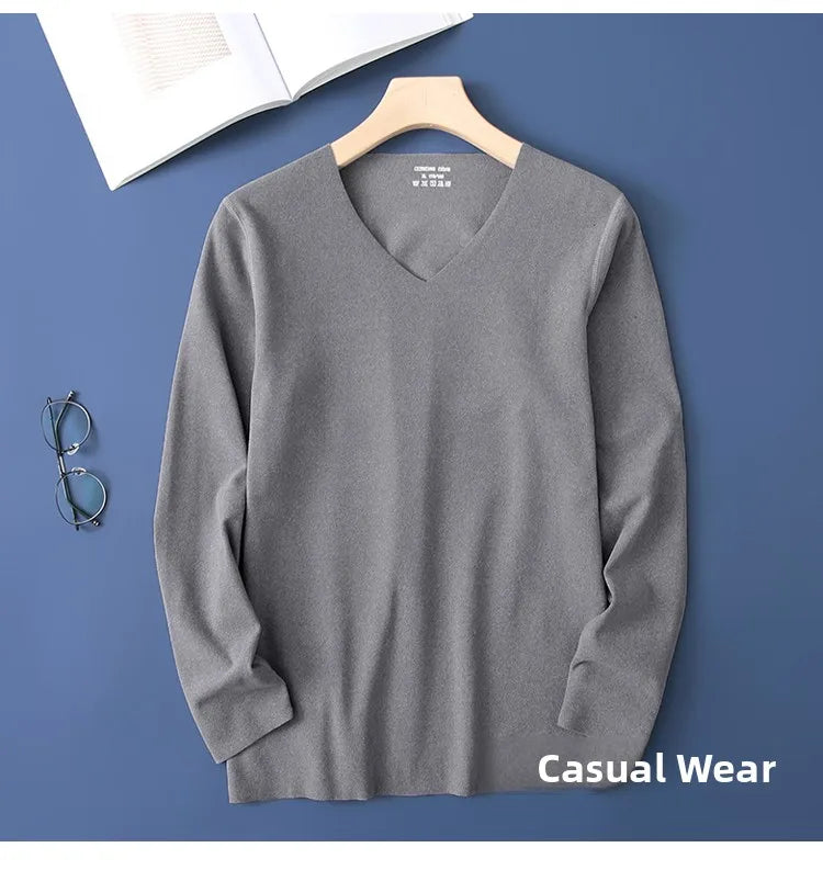 Double-Sided Deroing Men's Long Sleeve V-Neck Thermal Top Seamless Comfortable Cotton Knitted Base Layer Shirt Casual Fashion