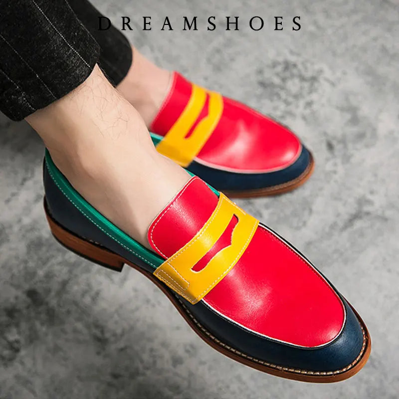 Italian Luxury Brand Patchwork  Loafers Men's Multicolor Leather Shoes Slip-on Fashion Soft-soled Casual Shoes Wedding Moccasin