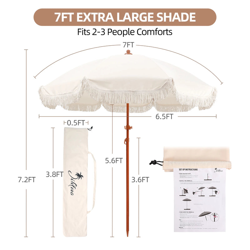 7.3ft Boho Beach Umbrella with Integrated Sand Anchor & Reinforced 8mm Ribs – Heavy Duty Windproof Fringe Patio Umbrella, UPF 50+ Sun Shade with Tilt Mechanism & Carry Bag for Outdoor, Garden, Seaside (Cream/White)