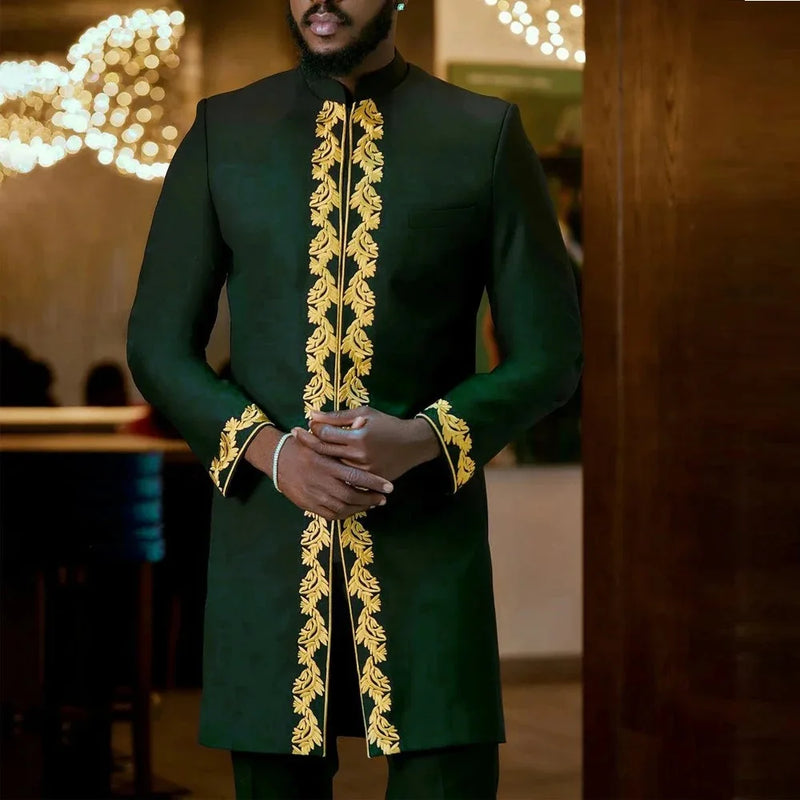 White Kaunda Suit Tuxedo Outfits Summer Short Sleeve Tops Pants with Pockets African Ethnic Casual Clothing Men Tuxedo 2PCS Suit