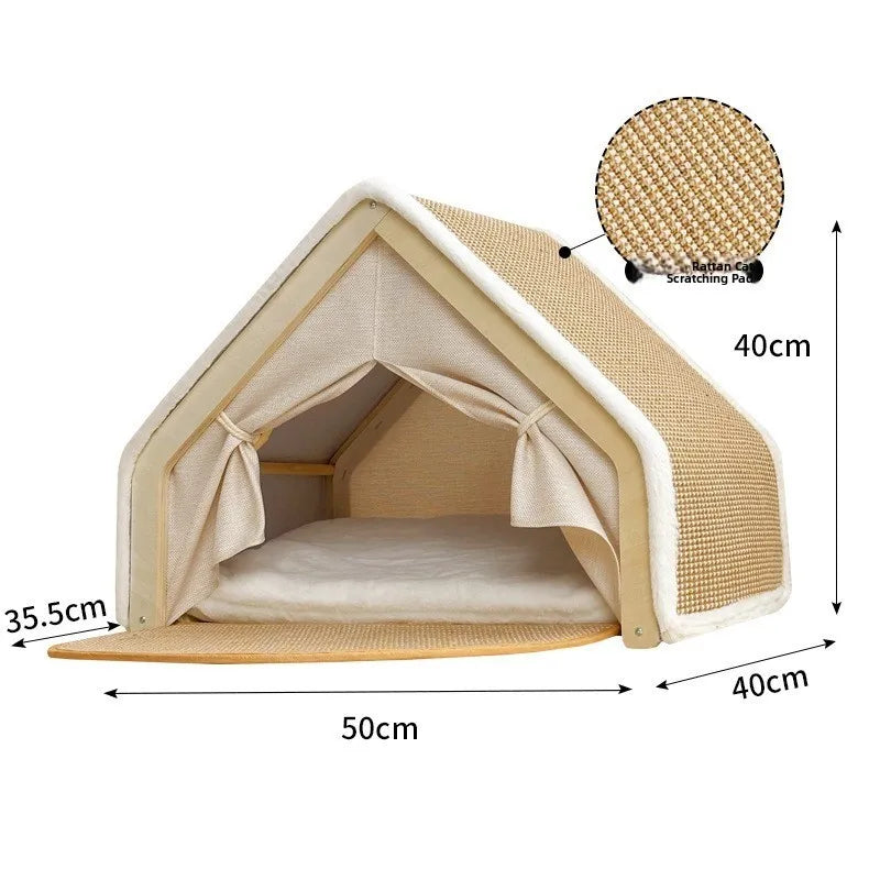 Warmth Enclosed Wooden  Scratching Board Large Villa Style  House for All Seasons Indoor Pet Shelter  Tent Dog Bed