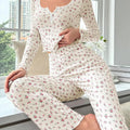 Women Autumn Winter Sleepwear Floral Print Lettuce Trim | SAMAG