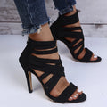 Women's Sandals Elastic Band Cross High Heels Sexy Peep Toe Pumps Summer New Back Zipper Sandals Black Pointed Toe Women Shoes