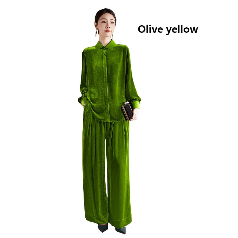 Silk Velvet Spring Autumn Ladies Set Long Sleeves and Trousers Two Pieces Elegant Temperament Light Luxury Outdoor Women's Wear