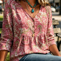 V Neck 3/4 Sleeve Babydoll Blouse Women Colorful Floral Peplum Top Casual Loose Chiffon Shirt for Daily Outdoor Park Wear