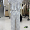 Combhasaki Women Floral Print 2Pcs Loungewear Pjs Set Fly Sleeve Front Bow Tied Ruffle V-Neck Crop Tops+Elastic Waist Long Pants