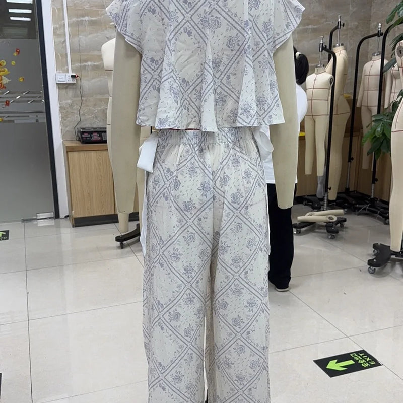 Combhasaki Women Floral Print 2Pcs Loungewear Pjs Set Fly Sleeve Front Bow Tied Ruffle V-Neck Crop Tops+Elastic Waist Long Pants