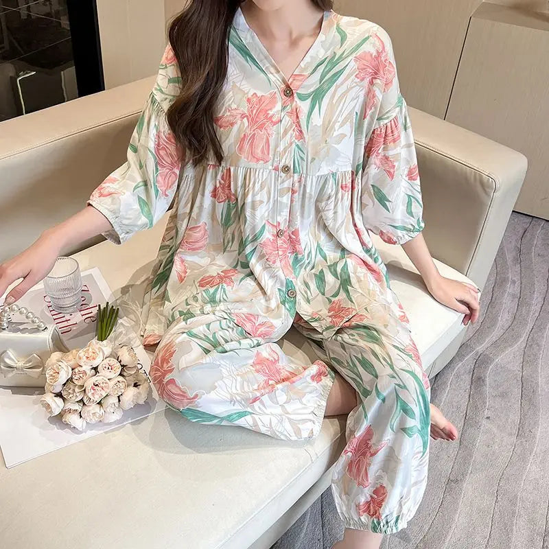 Cotton Sleepwear Big Size Cardigan Seven-minute Pants Two-piece Print Loungewear Pajama Sets Summer Nightwear Korean Fashion