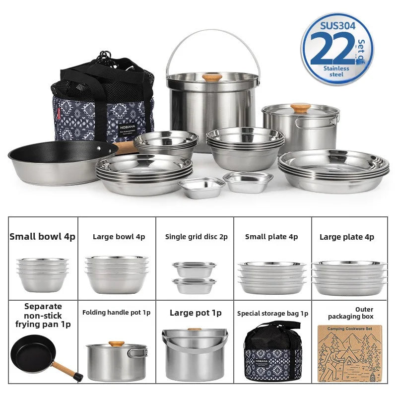 CLS&NOBANA Newset Outdoor Camping Stainless Steel 14PCS 22PCS Triple Stencorpel Set Camping Dinware Bowl Pot Set Household Pot