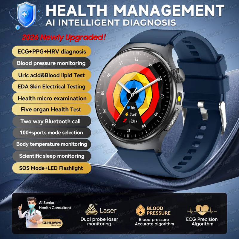 2026New AI-Diagnosis Care Smartwatch ECG+PPG Accurate Uric Acid Blood Pressure Body Fat Five organ Fitness Waterproof Smartwatch