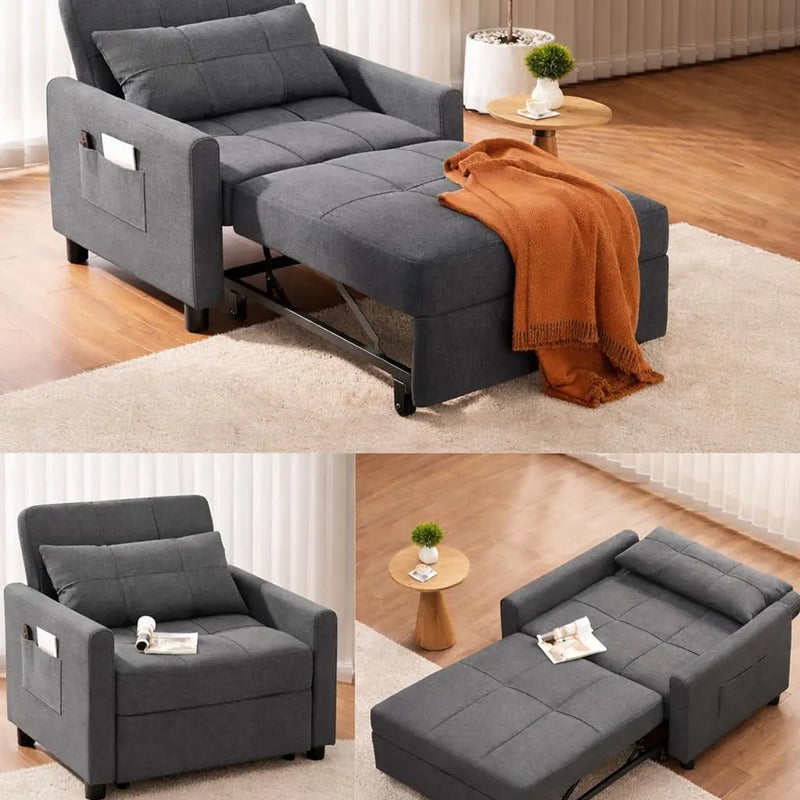 Convertible Sleeper Sofa Bed 3-in-1 Adjustable Linen Fabric Small Space Grey Customized