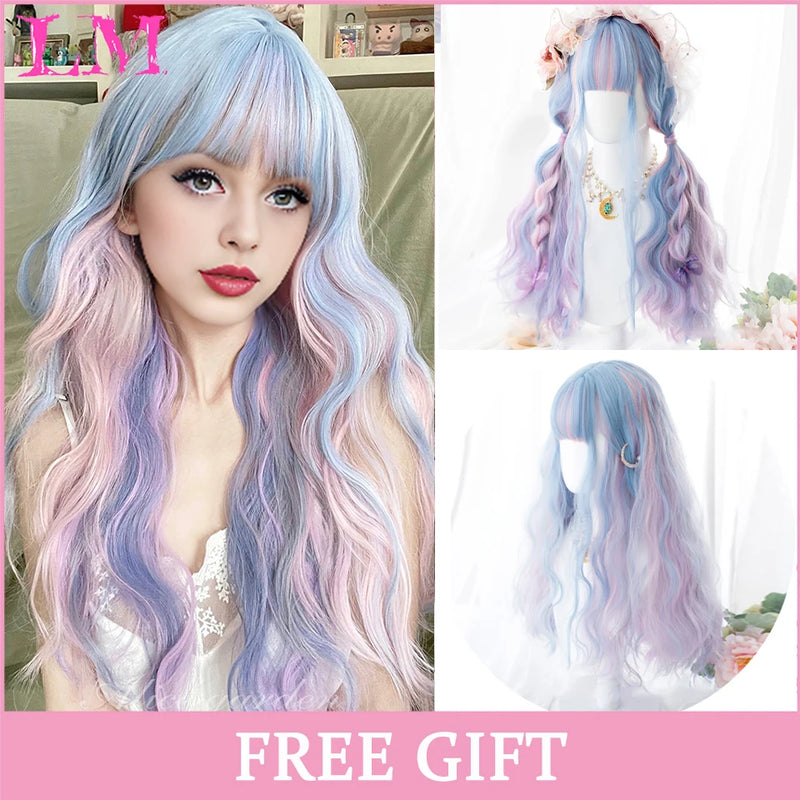 LM Medium Length Pink Cosplay Wig Heat Resistant Costume Party Synthetic Wigs 2 Clip On Ponytail 7 Colors