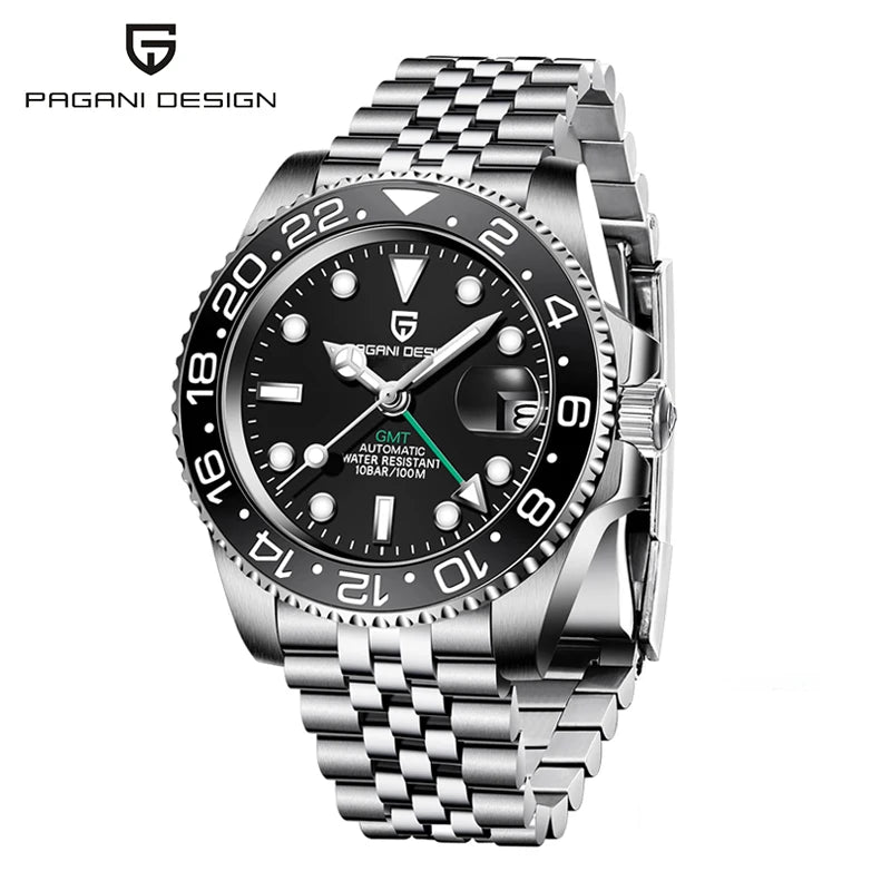 Top PAGANI DESIGN PD1662 Men GMT Automatic Mechanical Watch Black Ceramic Bezel Sapphire Glass 100M Waterproof Jubilee Stainless Steel Bracelet Sports Diver Wristwatch Reloj Hombre+gift box