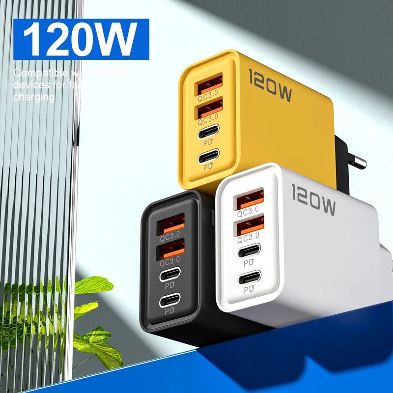 4 Ports 120W Charger Quick Charge 3.0 USB C PD Type C USB Phone Chargers Fast Charging Adapter For iPhone Samsung Xiaomi Huawei