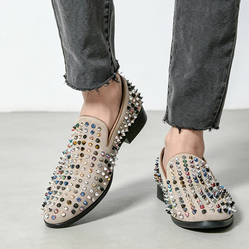 Luxury Fashion Genuine Leather Men’s Dress Shoes Rivet Rhinestone Patchwork Casual Shoes Male Flats Loafers Homecoming Wedding Dress Prom Zapatillas Hombre