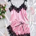 Summer Silk Satin Women's V-Neck Sexy Lace Suspender Pajama Shorts Set Stripes Heart Casual Women's Sleeveless Sexy Pajama Set