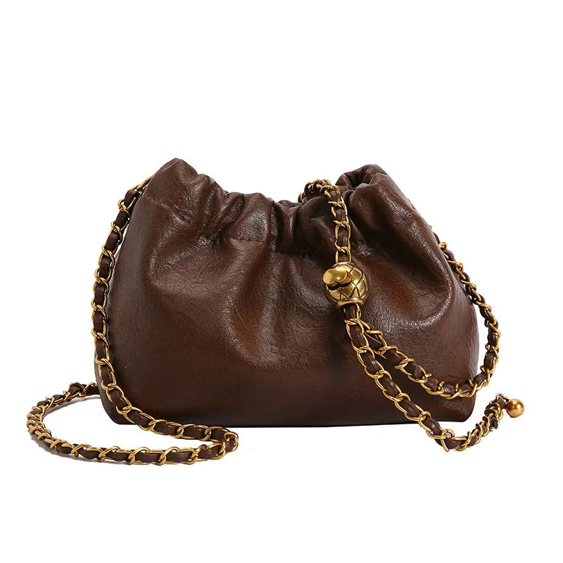 Women's Crossbody Tote Bag PU Leather Hobo Bag Fashionable Retro Bucket Bag Korean High-End Chain Crossbody Bag