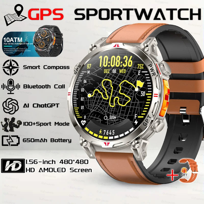 2026 New Outdoor GPS Sports Smartwatches Men Compass 10ATM Waterproof 24/7 Health Monitoring Chat GPT Bluetooth Call Smart Watch