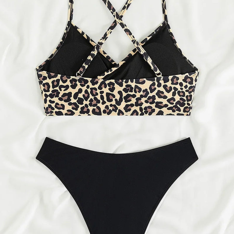 Criss Cross Back Leopard Bikini Women Swimwear Female | SAMAG