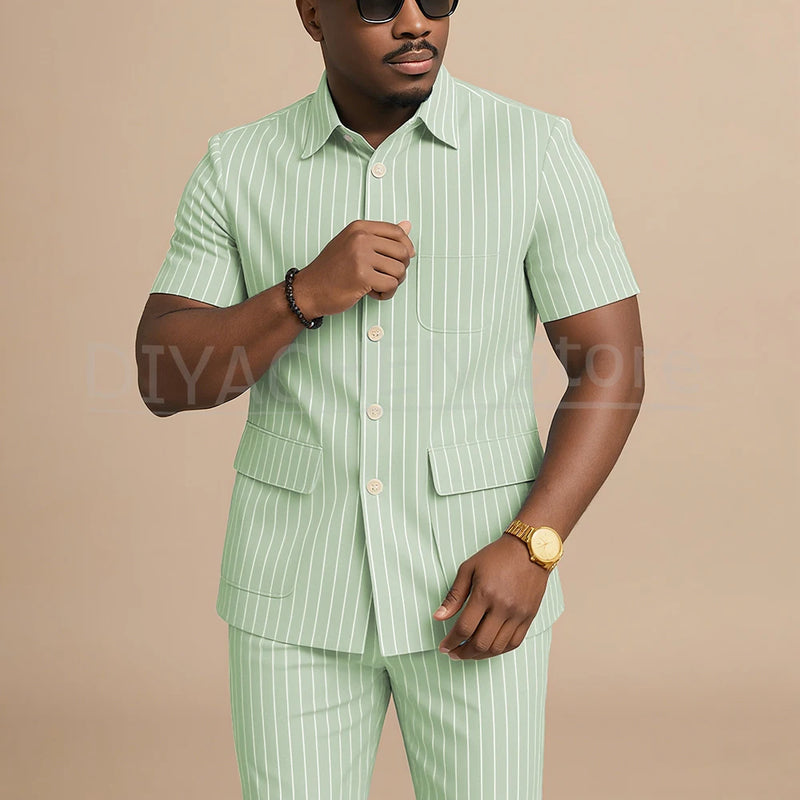 Navy Blue Striped Men Suits Chic Stand Collar Short Sleeves Wear Single Breasted Office Business Casual Male Suit 2 Piece