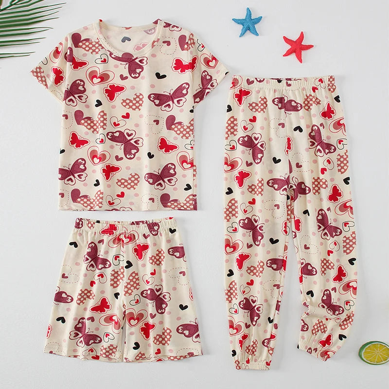 3-Piece Children's Fashion Printed Multicolor Home Service Suit Boy Casual T-shirt Girl Sweet Love Pattern Comfortable Shorts