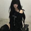 Seeslim Cross One-shoulder Graphic Hoodies Long Sleeve Black Women's Sweatshirts Harajuku Grunge 2000s Clothes Y2k Autumn Tops